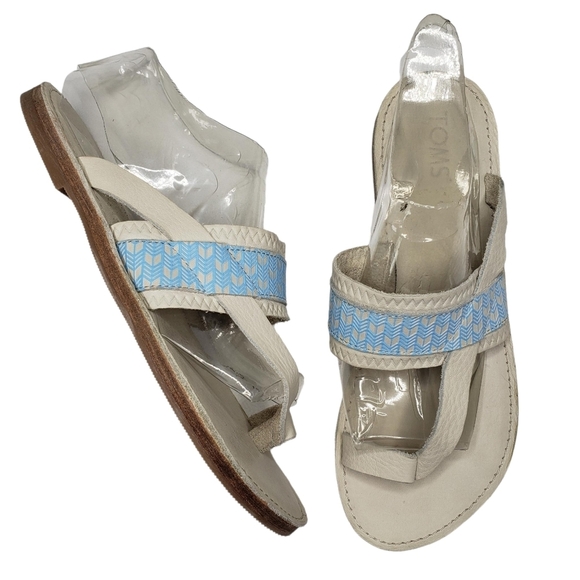 TOMS | Bohemian Beach Ivory Leather Blue Accent Slip On Thong Sandals Women's 9 - Picture 1 of 10